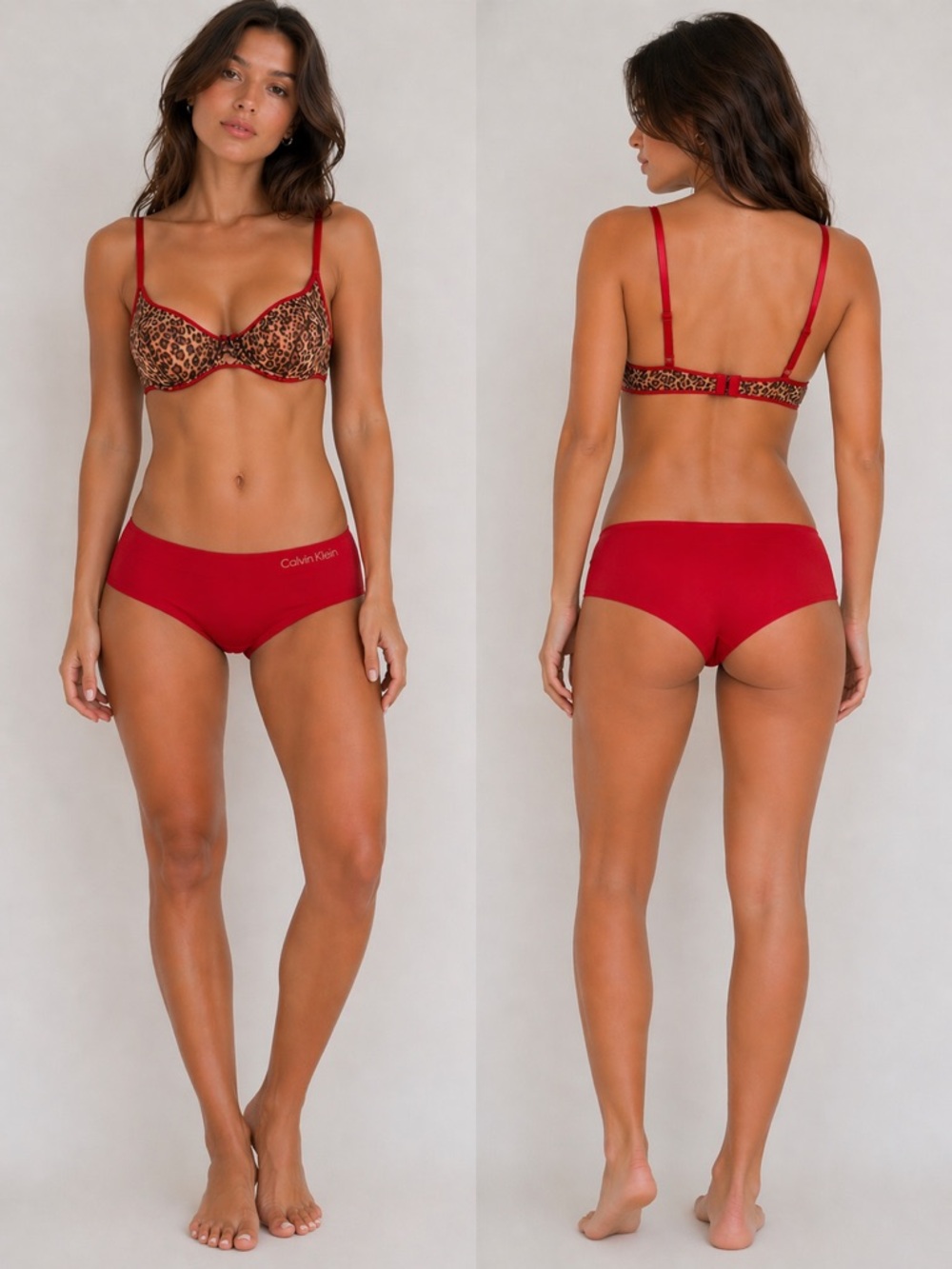 DKNY Leopard Print Bra 34C Calvin Klein Red Hipster Panty Small Se